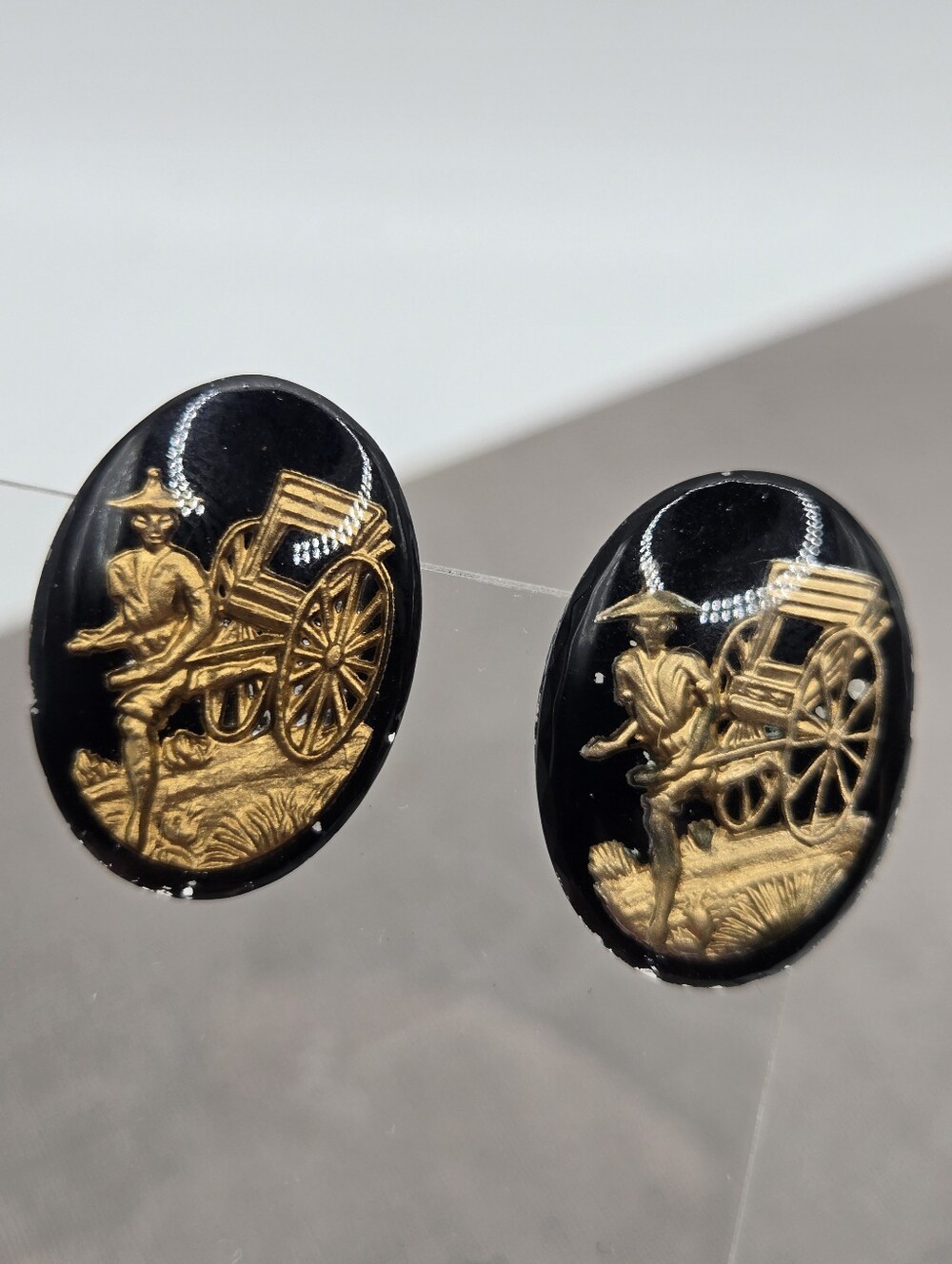 Chinoiserie Rickshaw Intaglio Studs Earrings Reverse Painted Cabochon MCM VTG